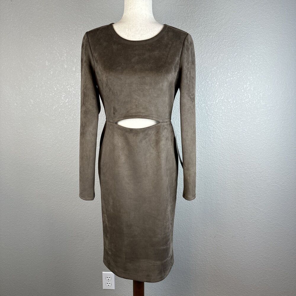 BCBGMAXAZRIA Whitley Cut Out Dress Size Medium Dark Fatigue Brown Faux Suede